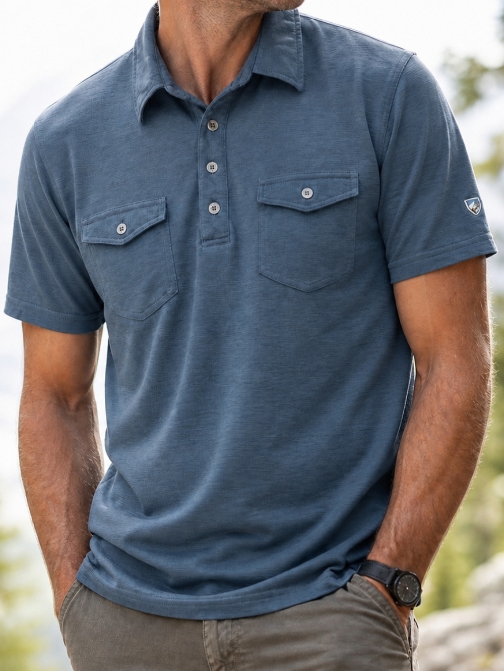 KÜHL Textured Performance Polo Shirt Blue Outdoor Utility Pockets Size Large